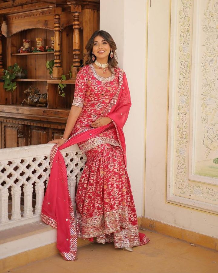 Rani Pink Color Viscose Jacquard Three Piece Gharara Suit
