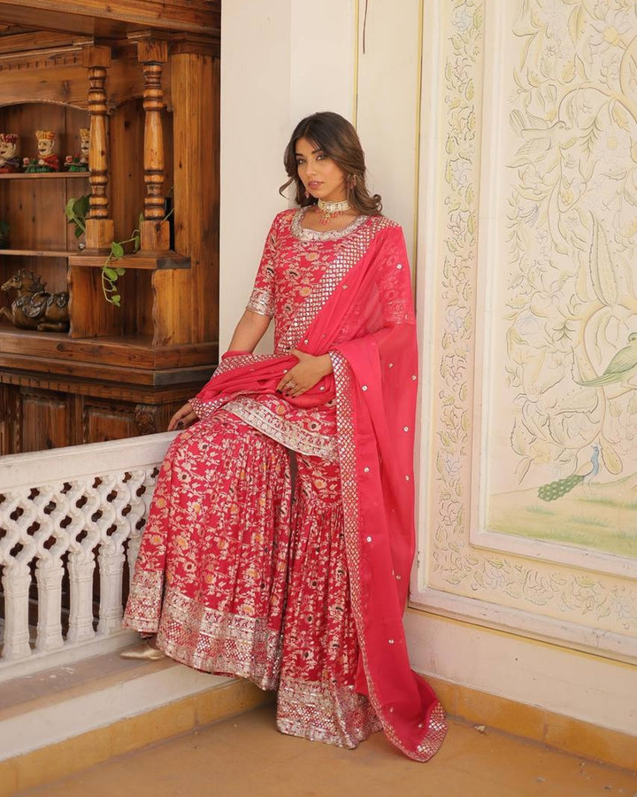 Rani Pink Color Viscose Jacquard Three Piece Gharara Suit