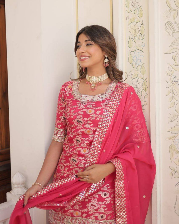 Rani Pink Color Viscose Jacquard Three Piece Gharara Suit
