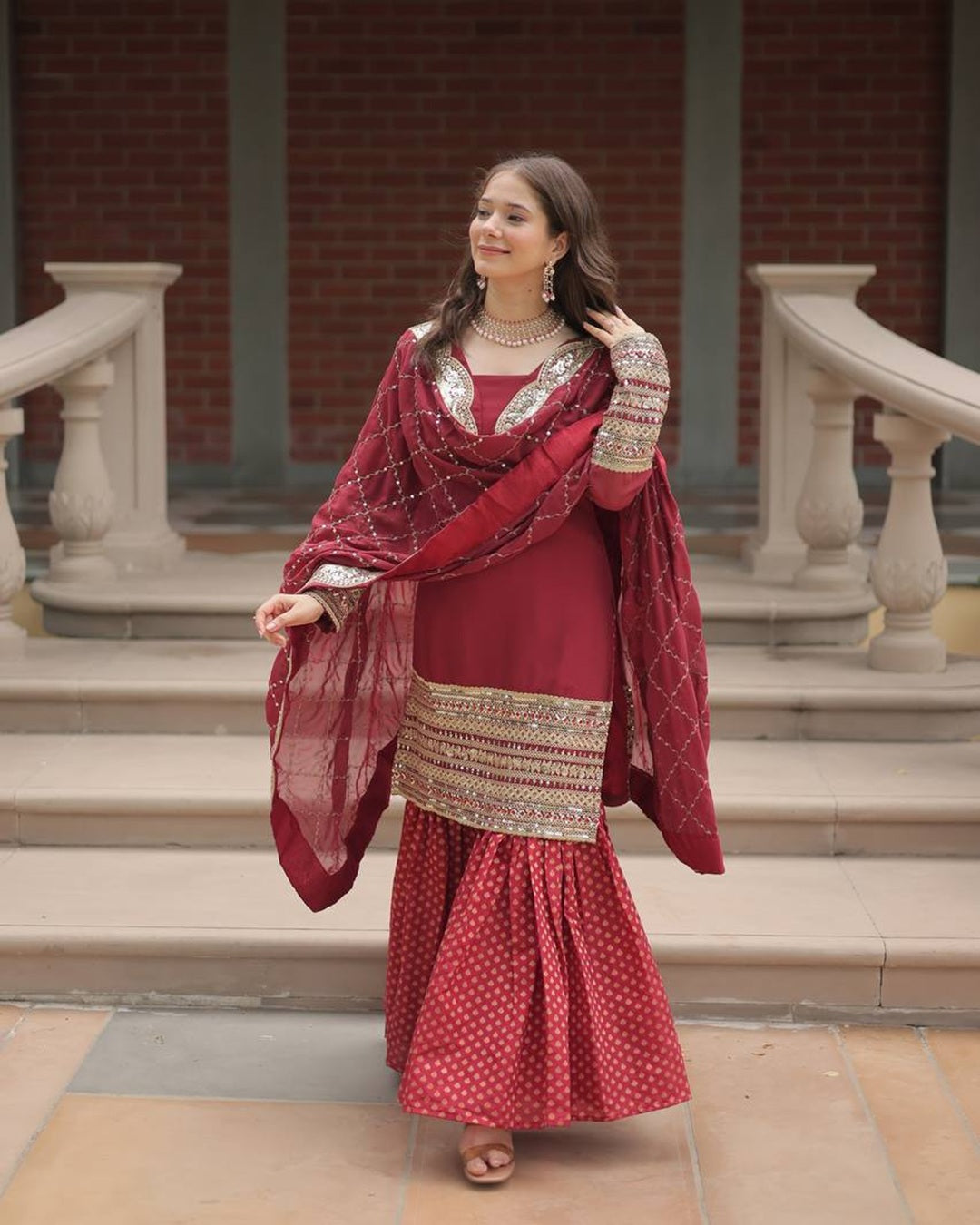 Maroon Color Georgette And Jacquard Sharara Suit