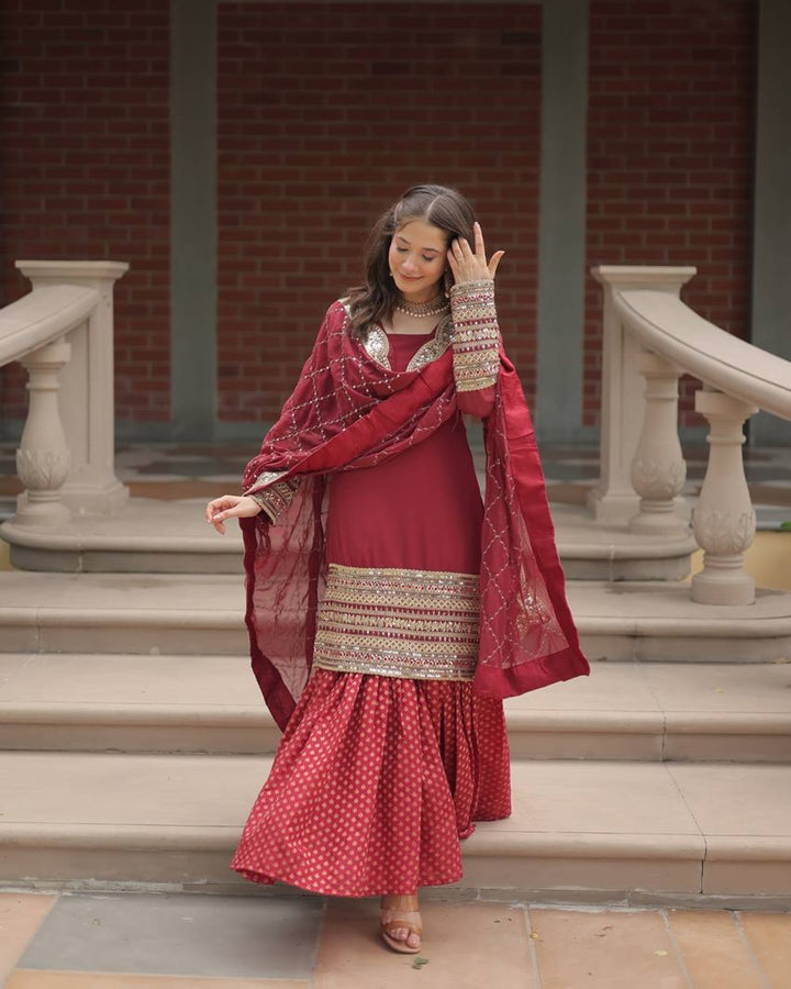 Maroon Color Georgette And Jacquard Sharara Suit