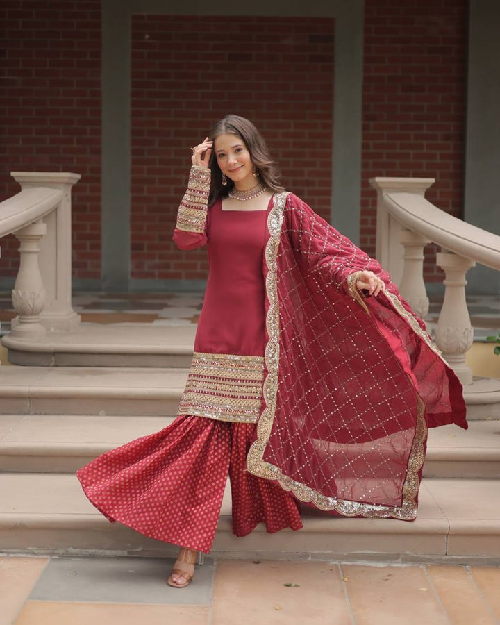 Maroon Color Georgette And Jacquard Sharara Suit