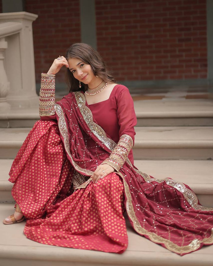 Maroon Color Georgette And Jacquard Sharara Suit