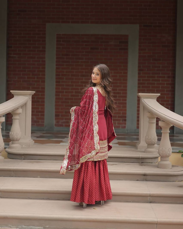 Maroon Color Georgette And Jacquard Sharara Suit
