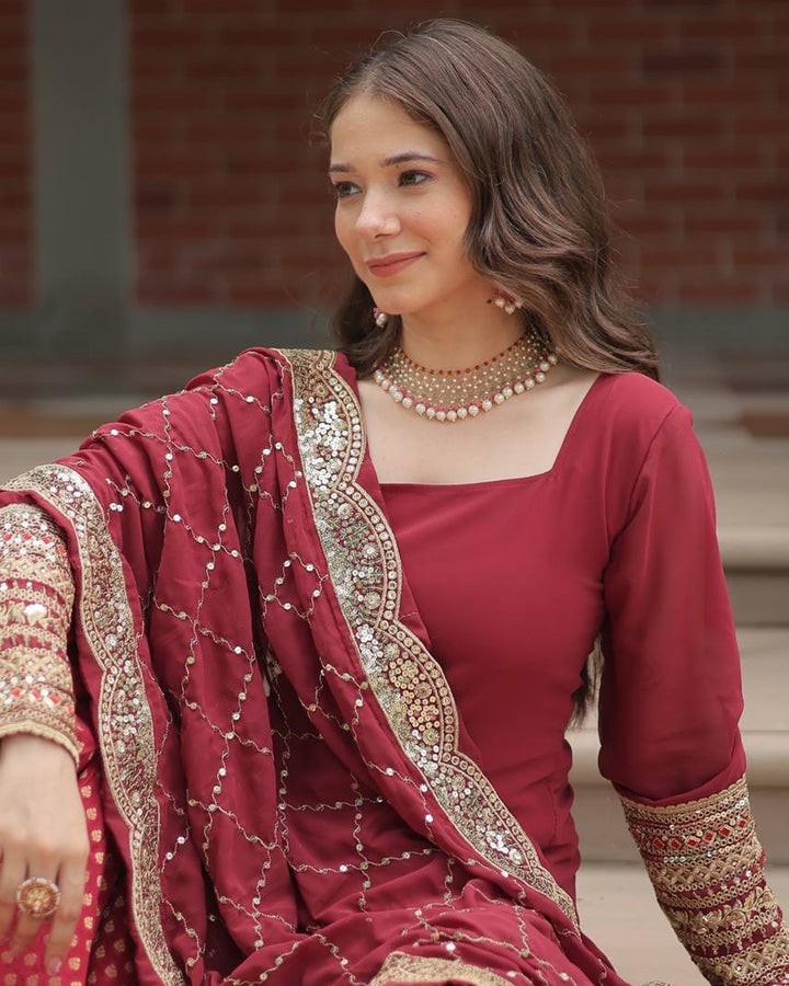 Maroon Color Georgette And Jacquard Sharara Suit