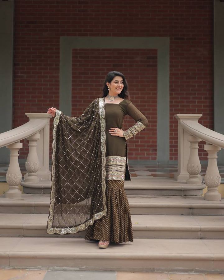 Mehndi Color Georgette And Jacquard Sharara Suit