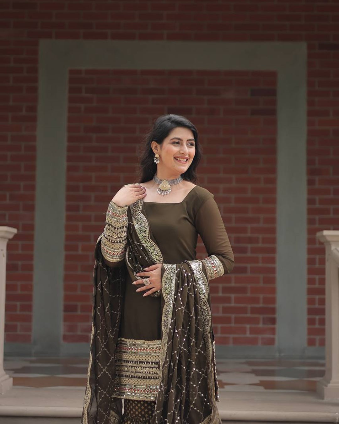 Mehndi Color Georgette And Jacquard Sharara Suit