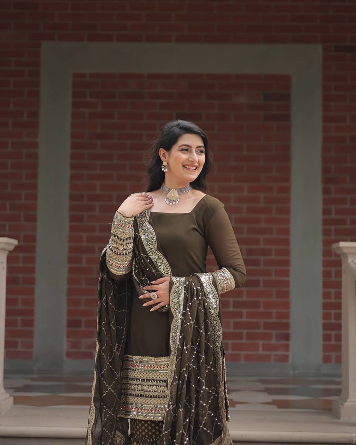 Mehndi Color Georgette And Jacquard Sharara Suit