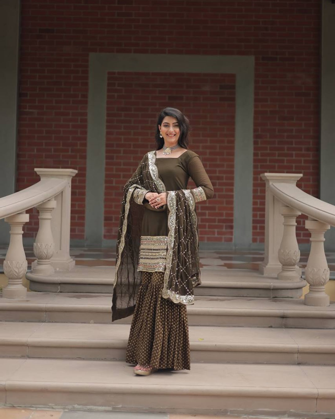 Mehndi Color Georgette And Jacquard Sharara Suit