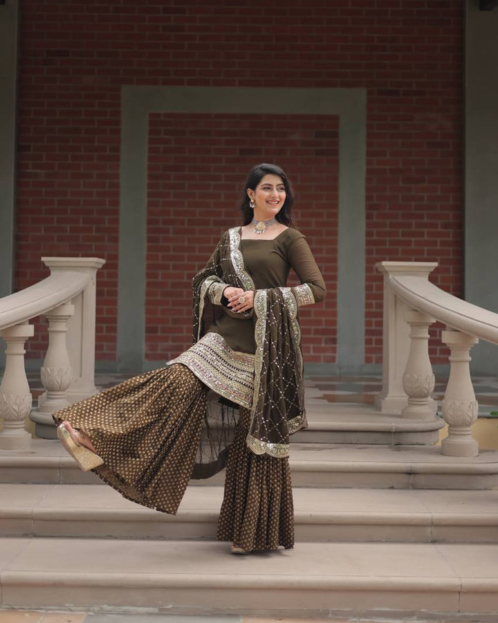 Mehndi Color Georgette And Jacquard Sharara Suit