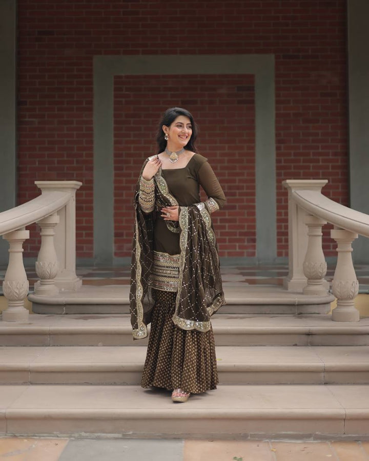 Mehndi Color Georgette And Jacquard Sharara Suit