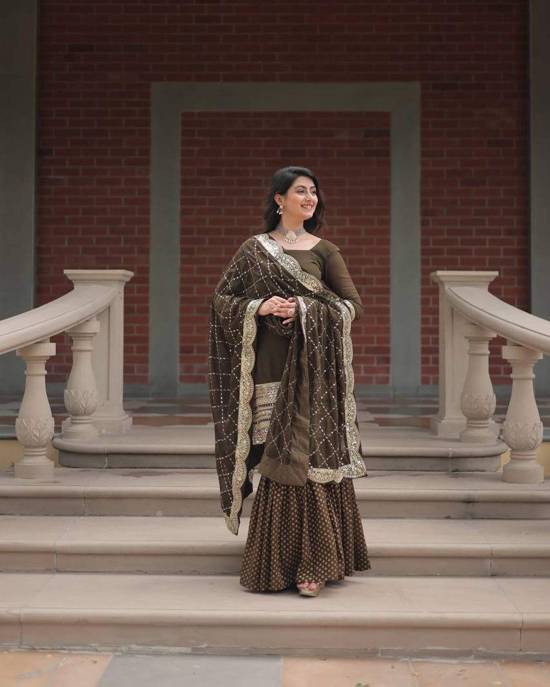 Mehndi Color Georgette And Jacquard Sharara Suit