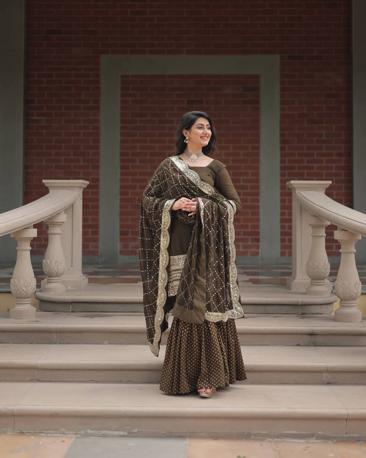 Mehndi Color Georgette And Jacquard Sharara Suit