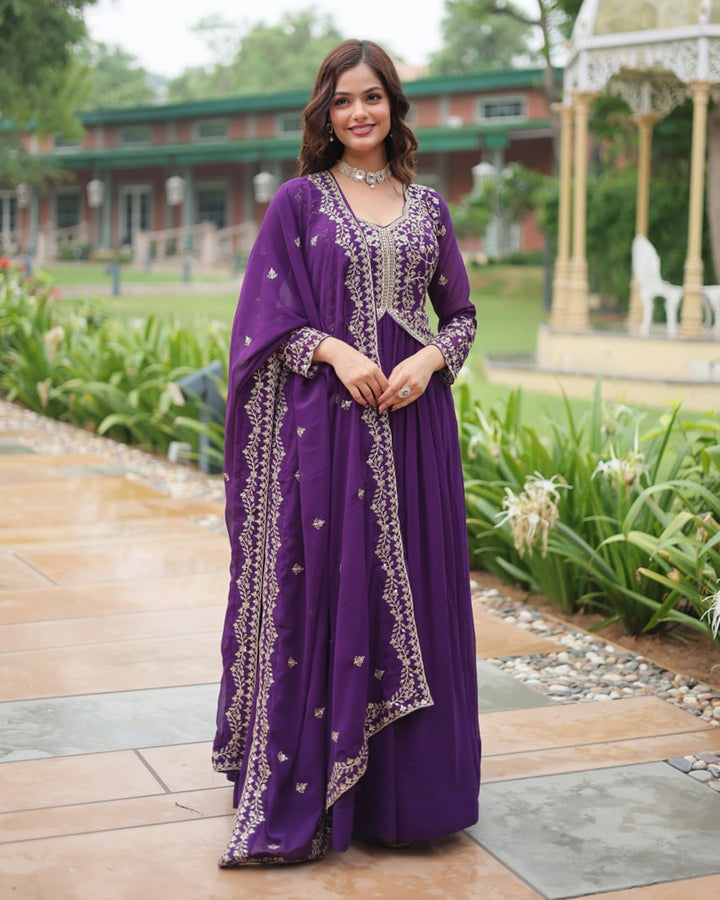 Purple Color Faux Blooming Multi Embroidered Work Gown