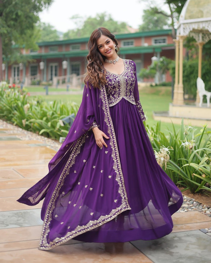 Purple Color Faux Blooming Multi Embroidered Work Gown