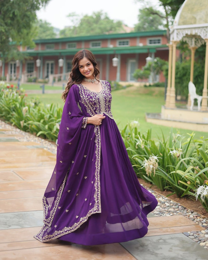 Purple Color Faux Blooming Multi Embroidered Work Gown