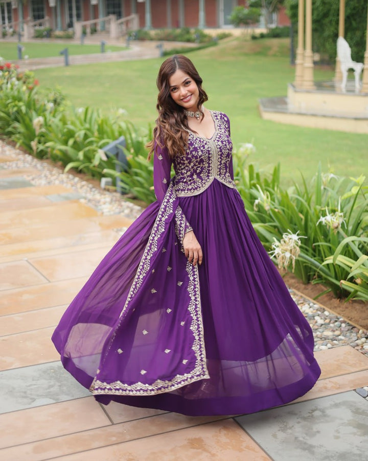 Purple Color Faux Blooming Multi Embroidered Work Gown