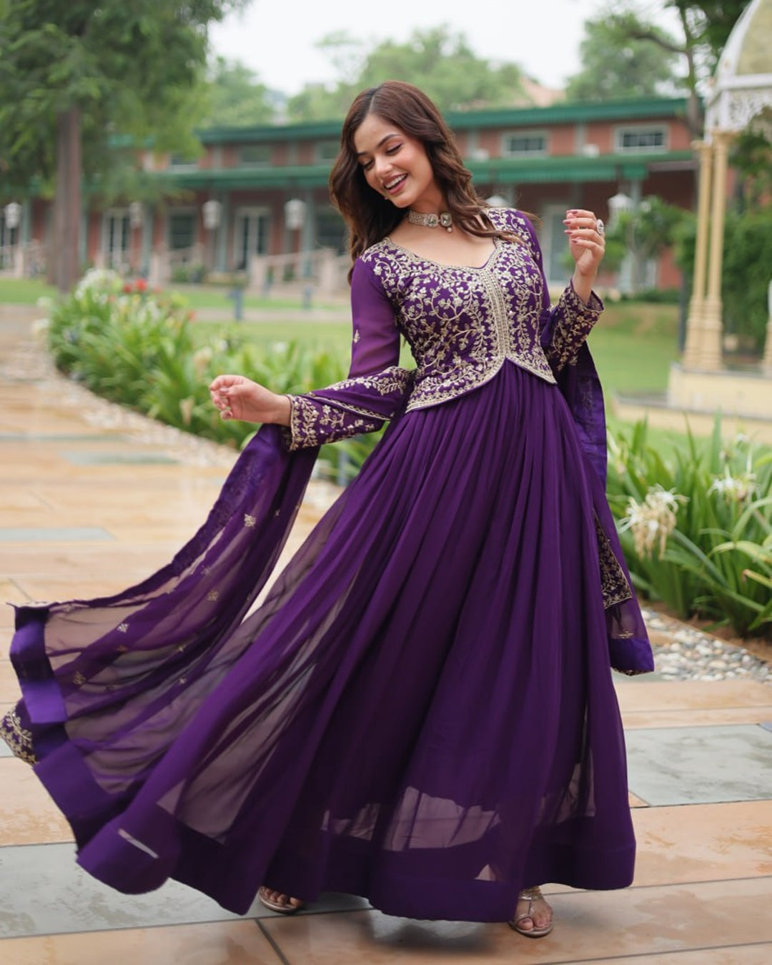 Purple Color Faux Blooming Multi Embroidered Work Gown