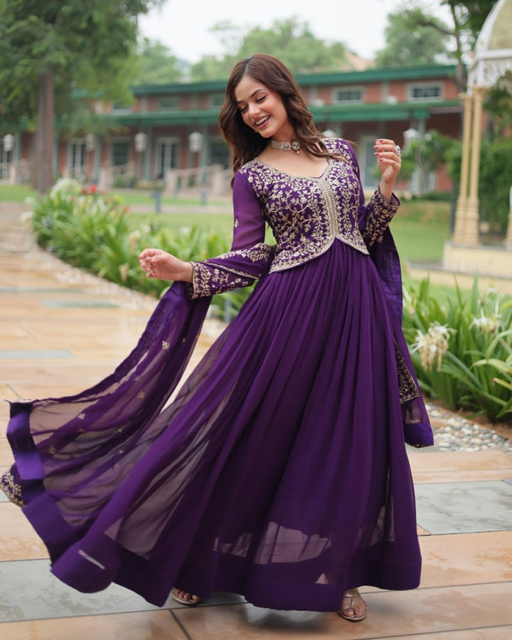 Purple Color Faux Blooming Multi Embroidered Work Gown