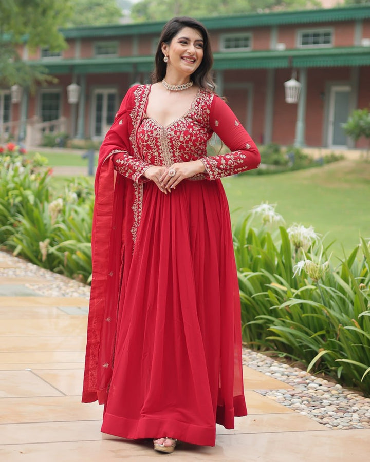 Pink Color Faux Blooming Multi Embroidered Work Gown