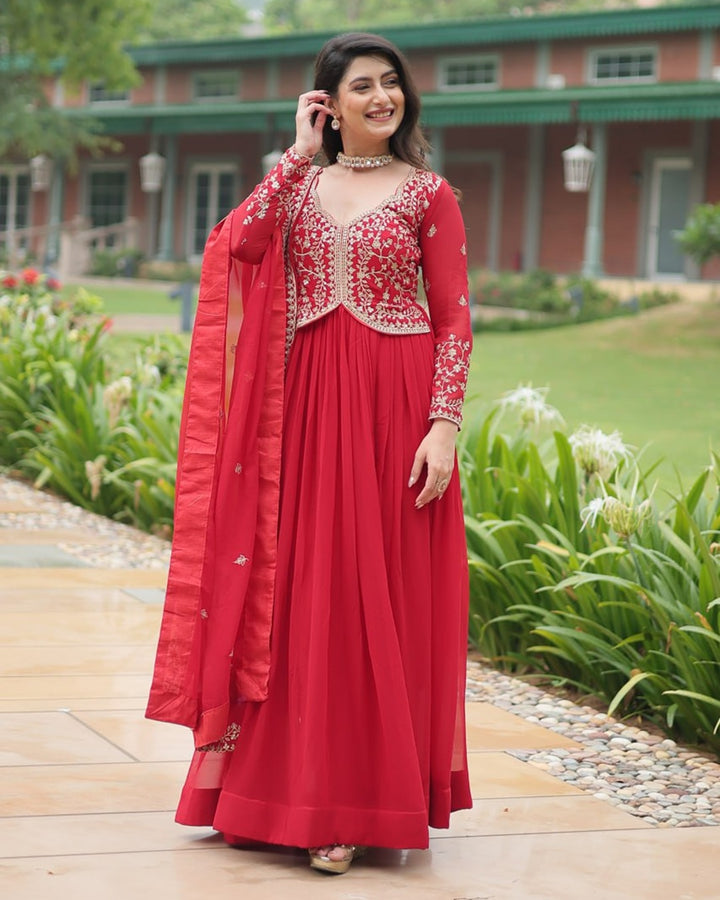 Pink Color Faux Blooming Multi Embroidered Work Gown