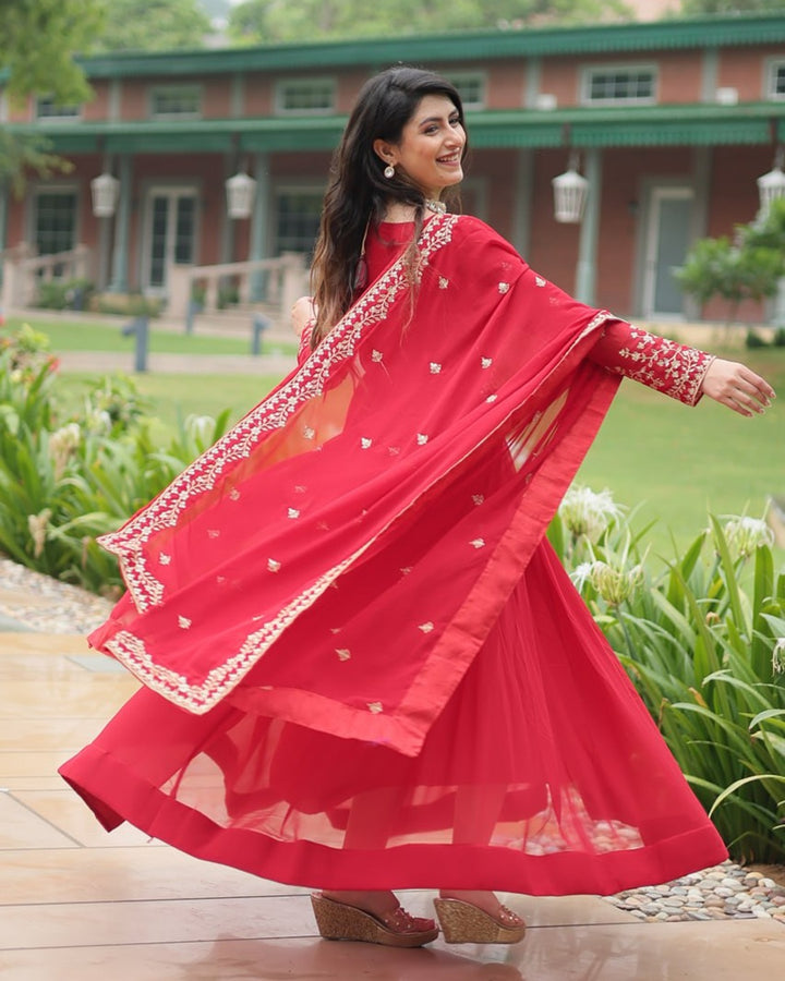 Pink Color Faux Blooming Multi Embroidered Work Gown