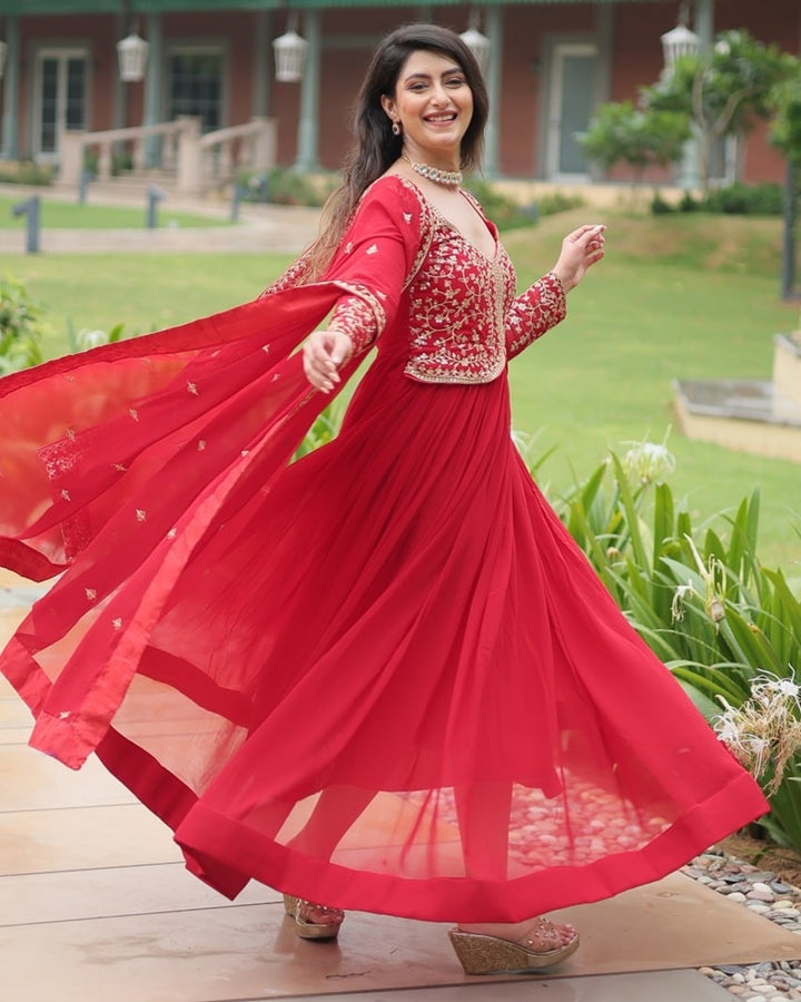 Pink Color Faux Blooming Multi Embroidered Work Gown