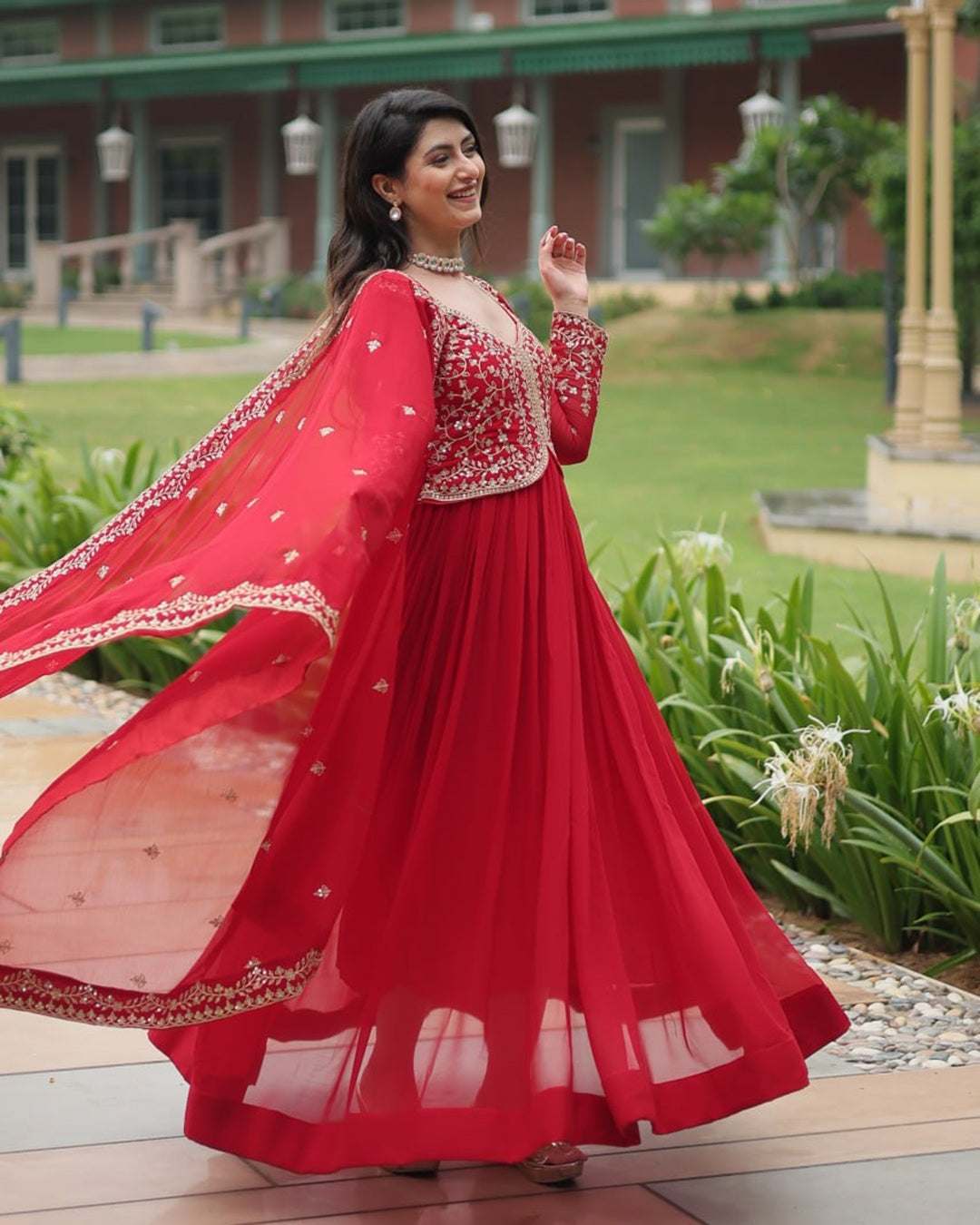 Pink Color Faux Blooming Multi Embroidered Work Gown