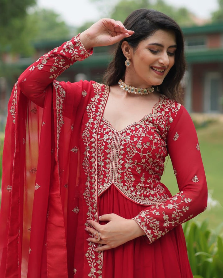 Pink Color Faux Blooming Multi Embroidered Work Gown