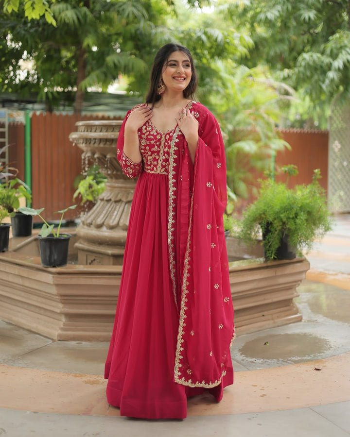 Rani Pink Color Faux Blooming Multi Embroidered Work Gown