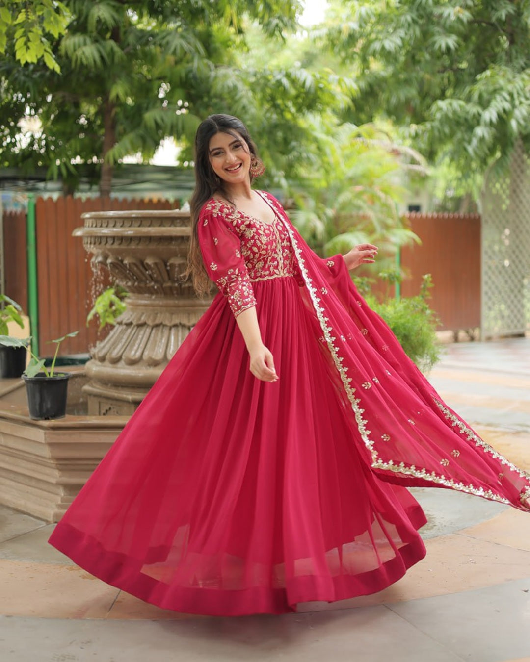 Rani Pink Color Faux Blooming Multi Embroidered Work Gown