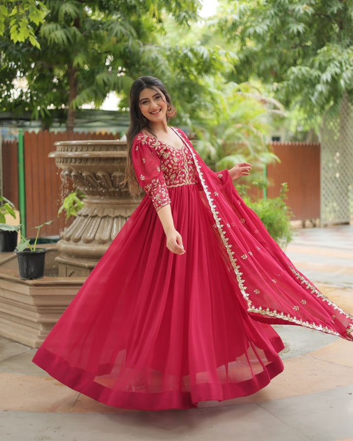 Rani Pink Color Faux Blooming Multi Embroidered Work Gown