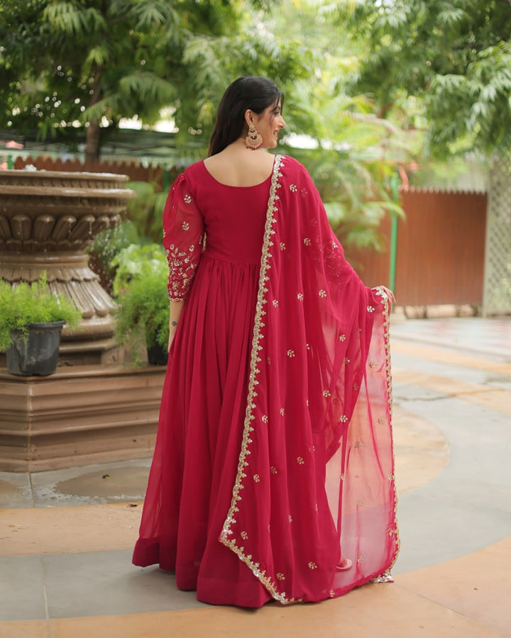Rani Pink Color Faux Blooming Multi Embroidered Work Gown