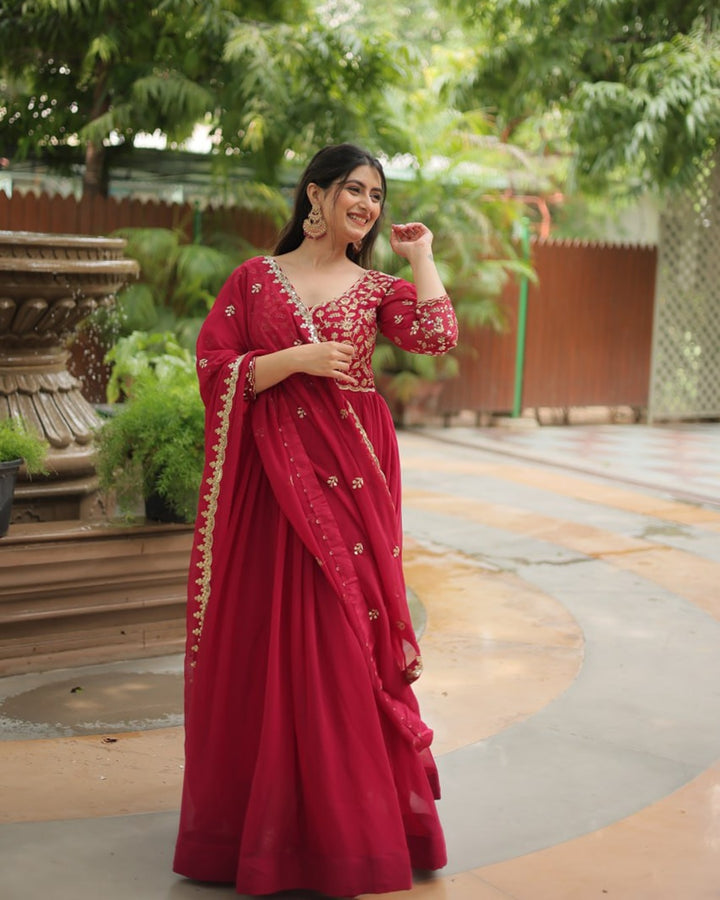 Rani Pink Color Faux Blooming Multi Embroidered Work Gown