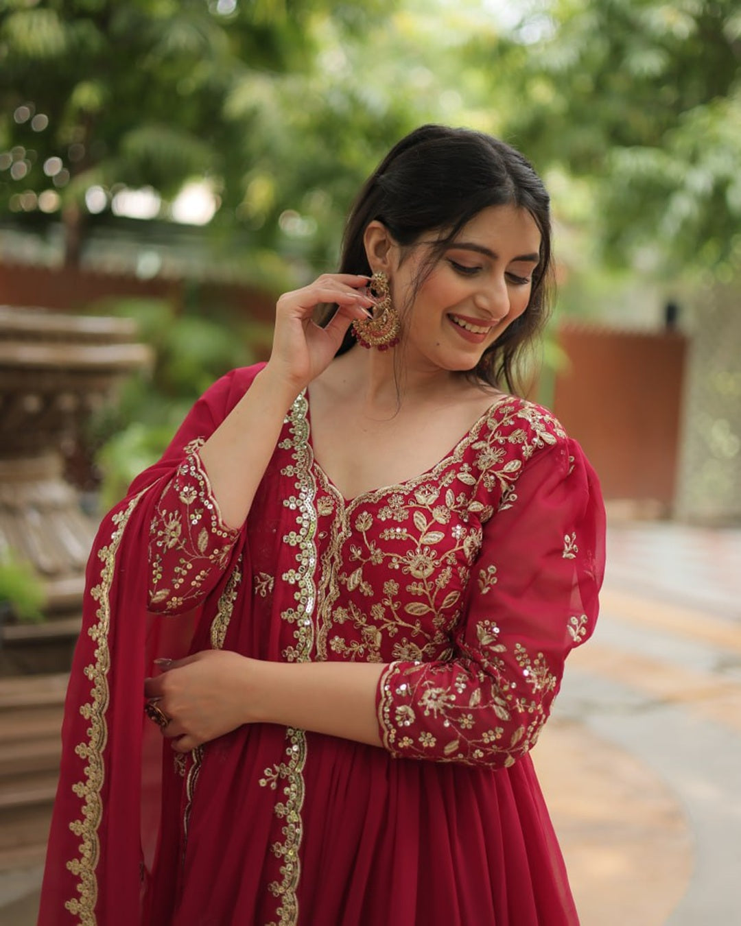 Rani Pink Color Faux Blooming Multi Embroidered Work Gown