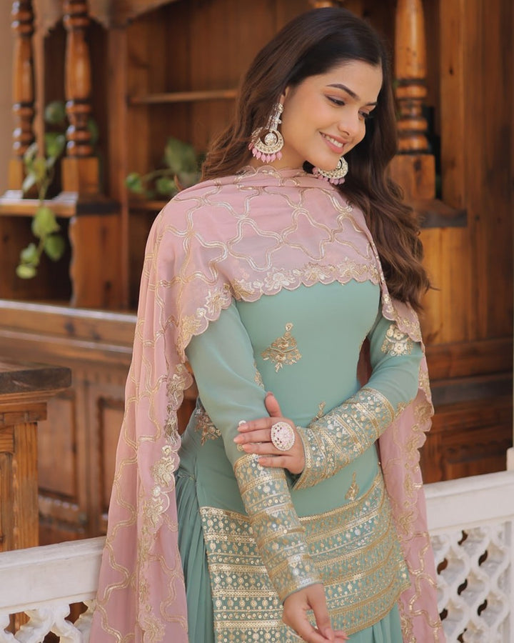 Beautiful Bottle Green Color Georgette Three Piece Plazzo Suit
