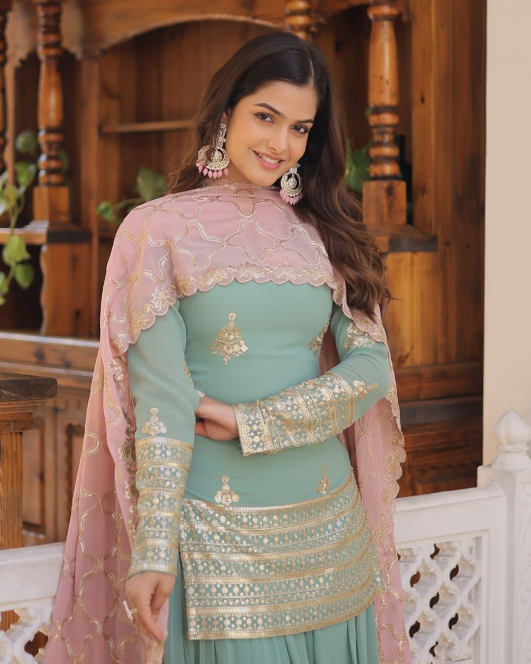 Beautiful Bottle Green Color Georgette Three Piece Plazzo Suit