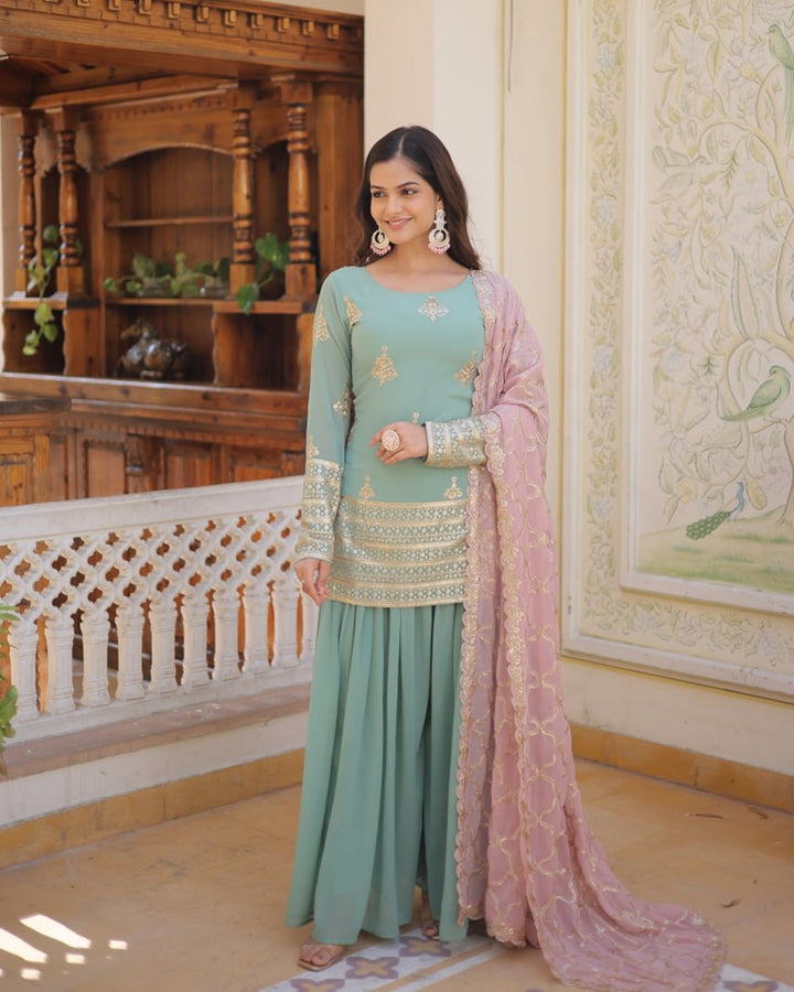 Beautiful Bottle Green Color Georgette Three Piece Plazzo Suit