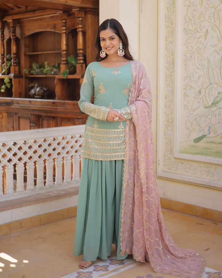 Beautiful Bottle Green Color Georgette Three Piece Plazzo Suit