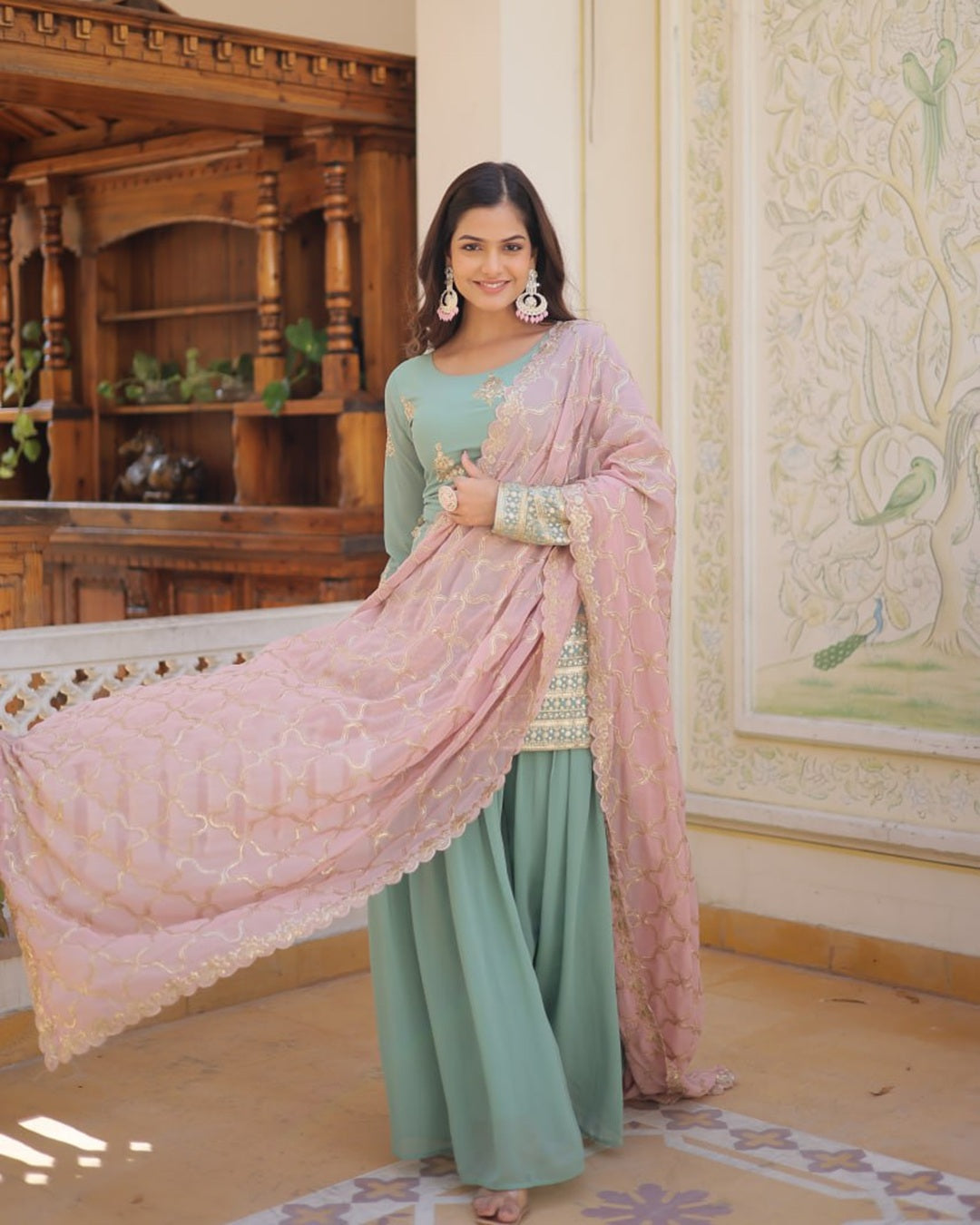 Beautiful Bottle Green Color Georgette Three Piece Plazzo Suit