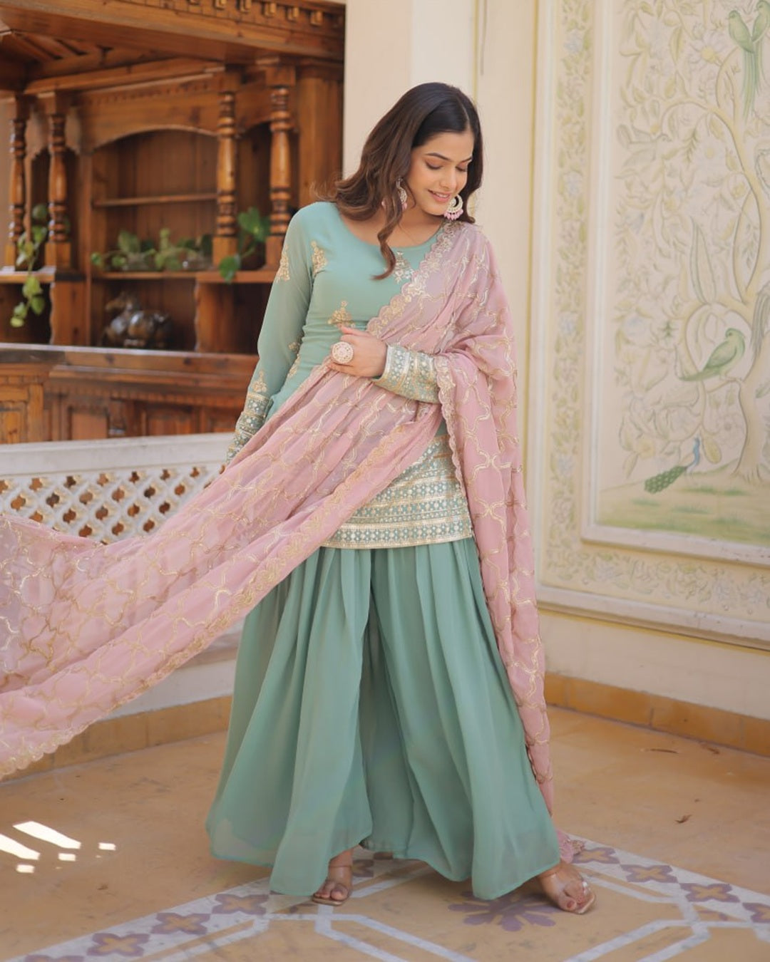 Beautiful Bottle Green Color Georgette Three Piece Plazzo Suit