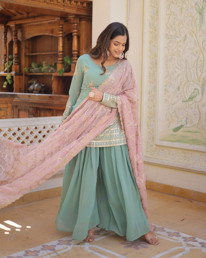 Beautiful Bottle Green Color Georgette Three Piece Plazzo Suit