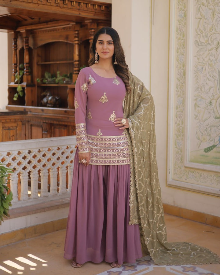 Beautiful Onion Color Georgette Three Piece Plazzo Suit
