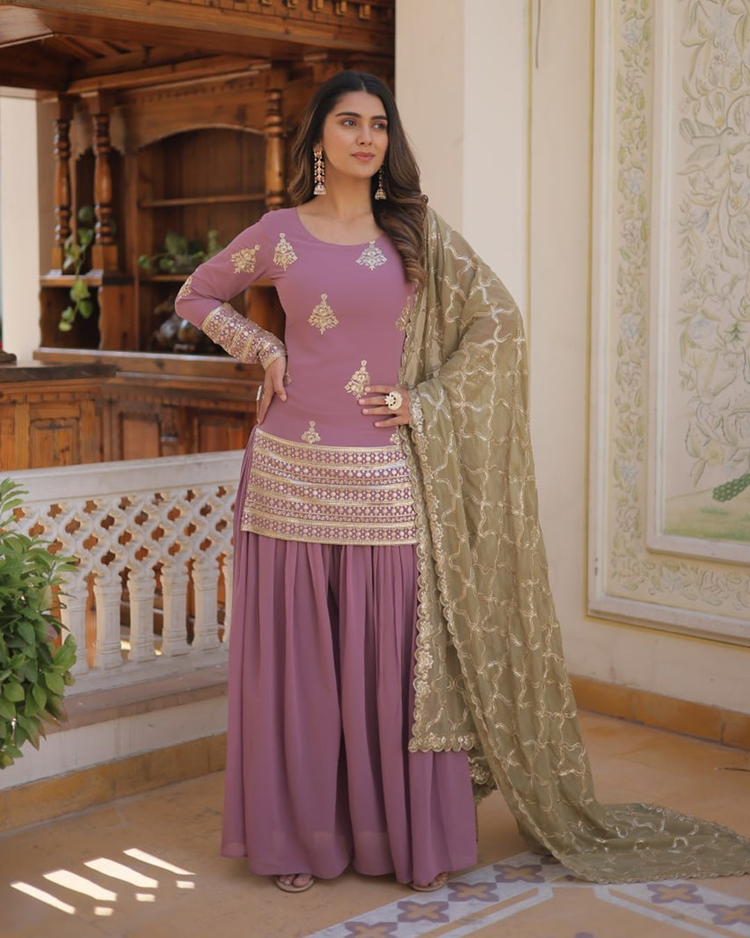 Beautiful Onion Color Georgette Three Piece Plazzo Suit