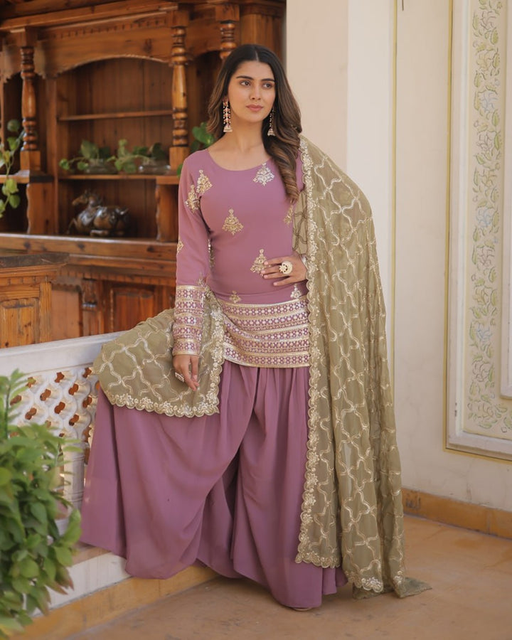 Beautiful Onion Color Georgette Three Piece Plazzo Suit