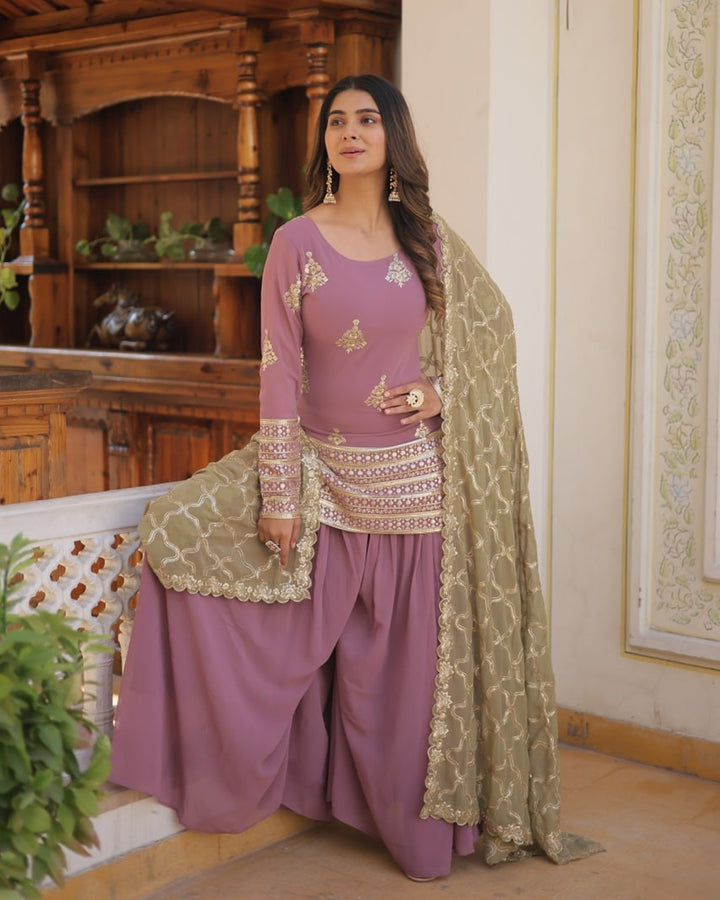 Beautiful Onion Color Georgette Three Piece Plazzo Suit