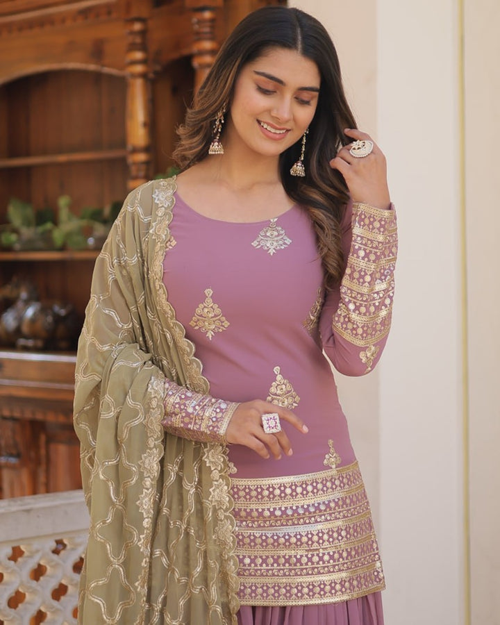 Beautiful Onion Color Georgette Three Piece Plazzo Suit