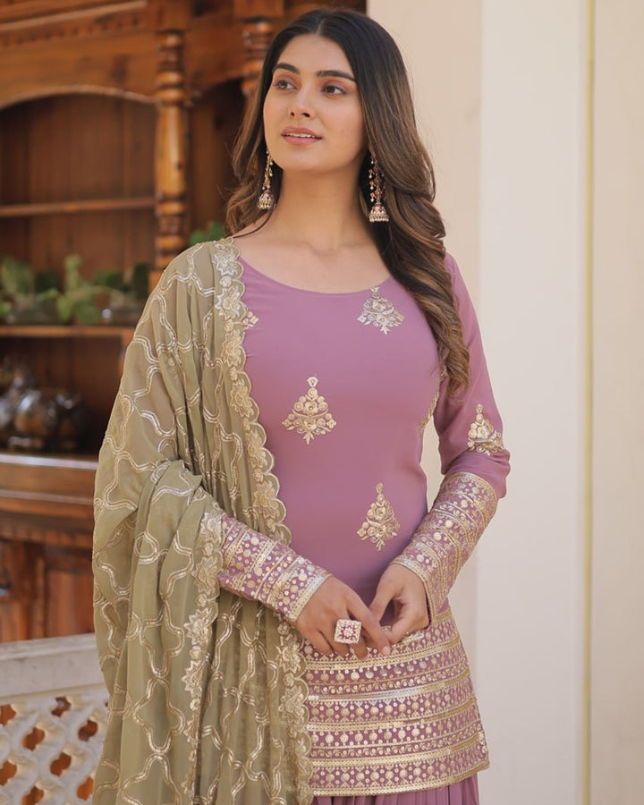 Beautiful Onion Color Georgette Three Piece Plazzo Suit