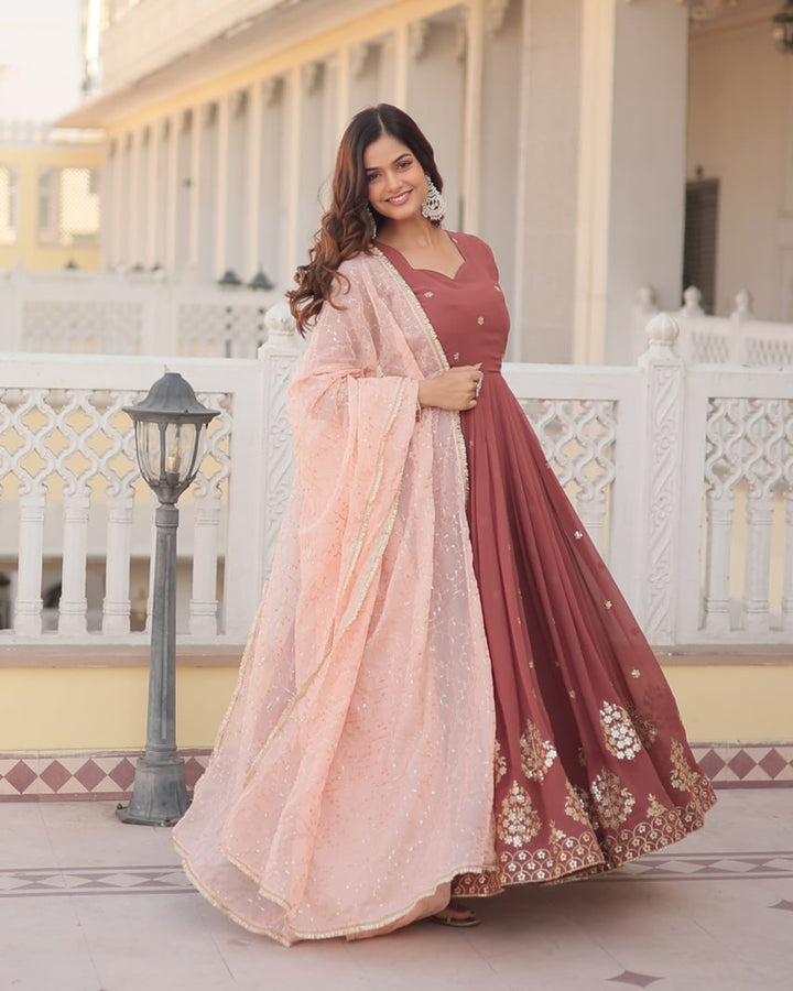 Chocolate Color Full Floor Length Anarkali Gown With Sequence Embroidery Dupatta