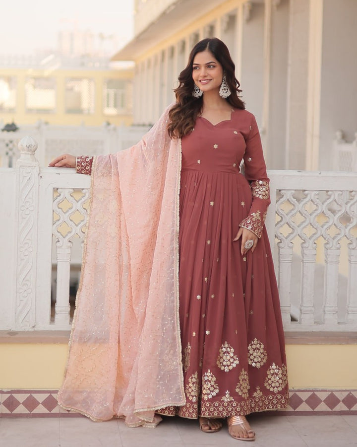 Chocolate Color Full Floor Length Anarkali Gown With Sequence Embroidery Dupatta